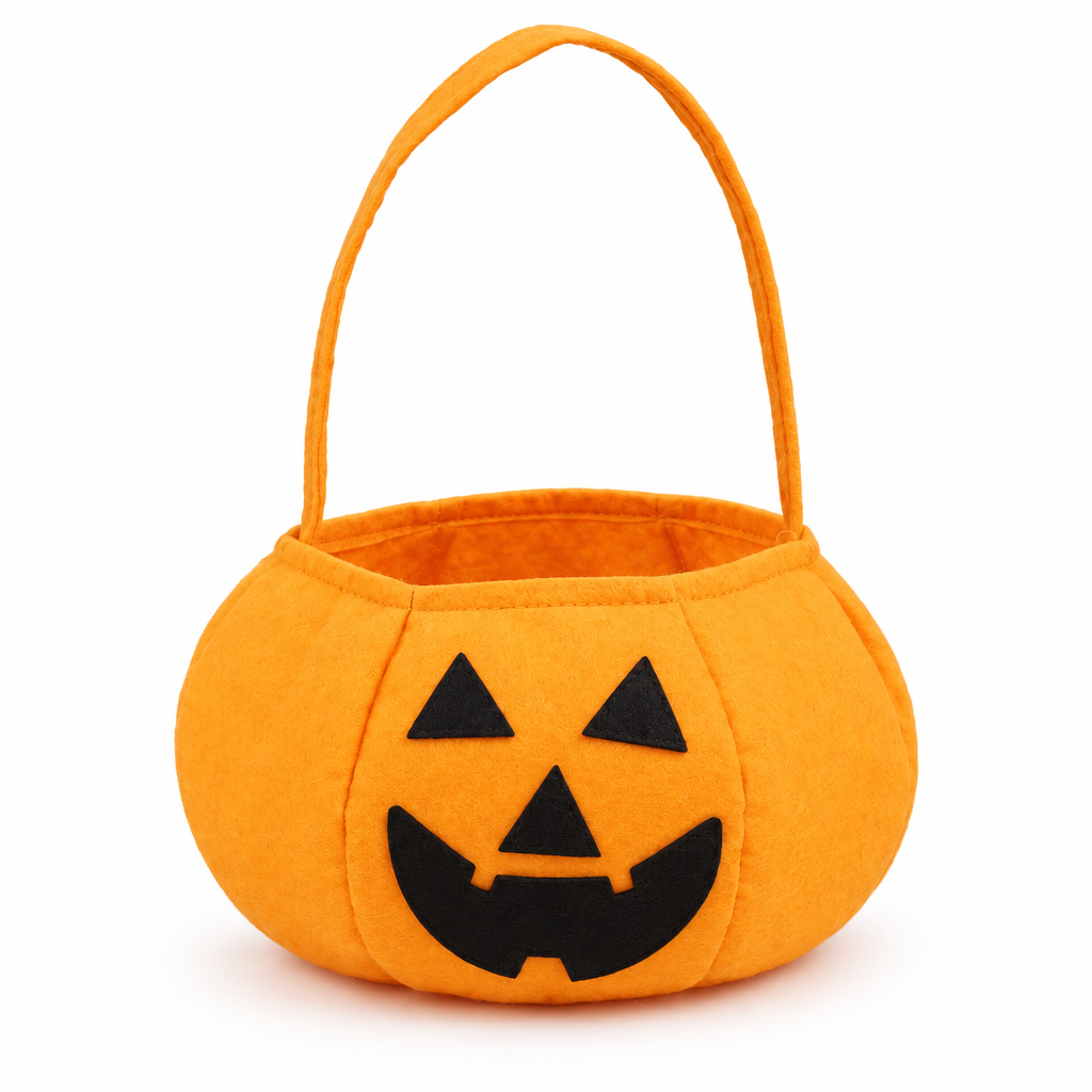 Orange pumpkin candy bucket with a black jack-o'-lantern face on a white background