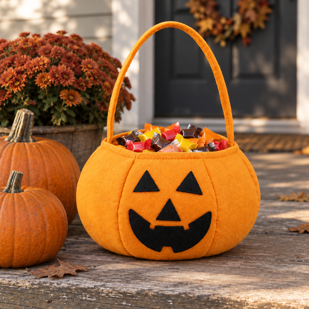 Orange pumpkin candy bucket full of candy on a porch step beside real pumpkins