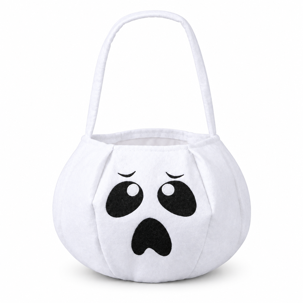 White ghost candy bucket with a worried black face on a white background