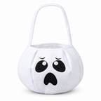 White ghost candy bucket with a worried black face on a white background