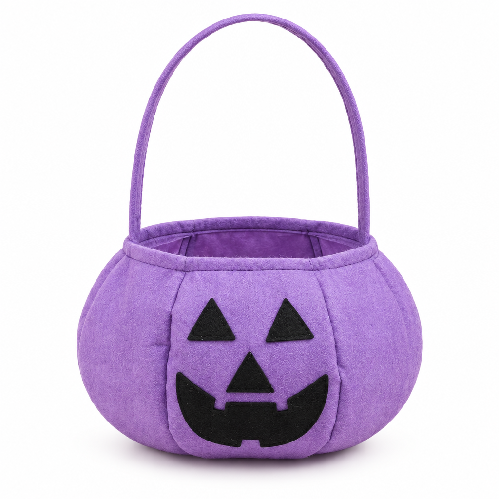 Purple pumpkin candy bucket with a black jack-o'-lantern face on a white background