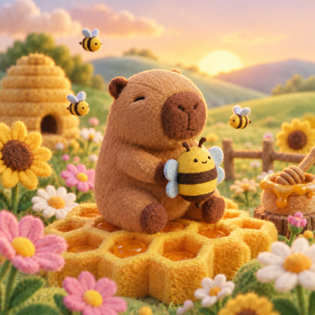 Mokoo Happy Capy Blind Box - Honey capybara holding a bee on the honeycomb