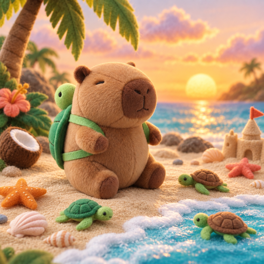 Mokoo Happy Capy Blind Box - Rover capybara with turtle backpack at the beach