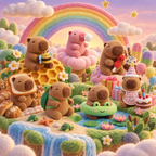 Mokoo Happy Capy Blind Box - all 7 capybara characters together in the rainbow world