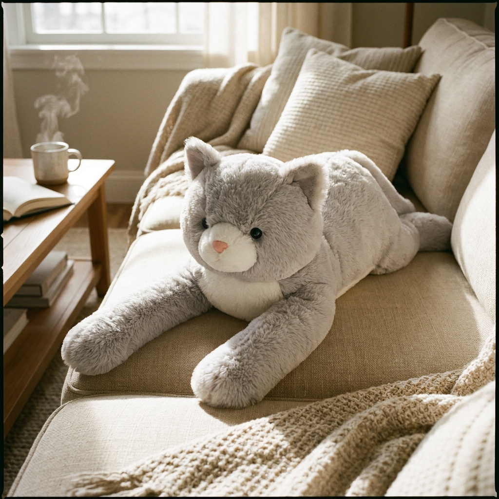 Giant Gray Cat Plush — front view of giant plush by MOKOO