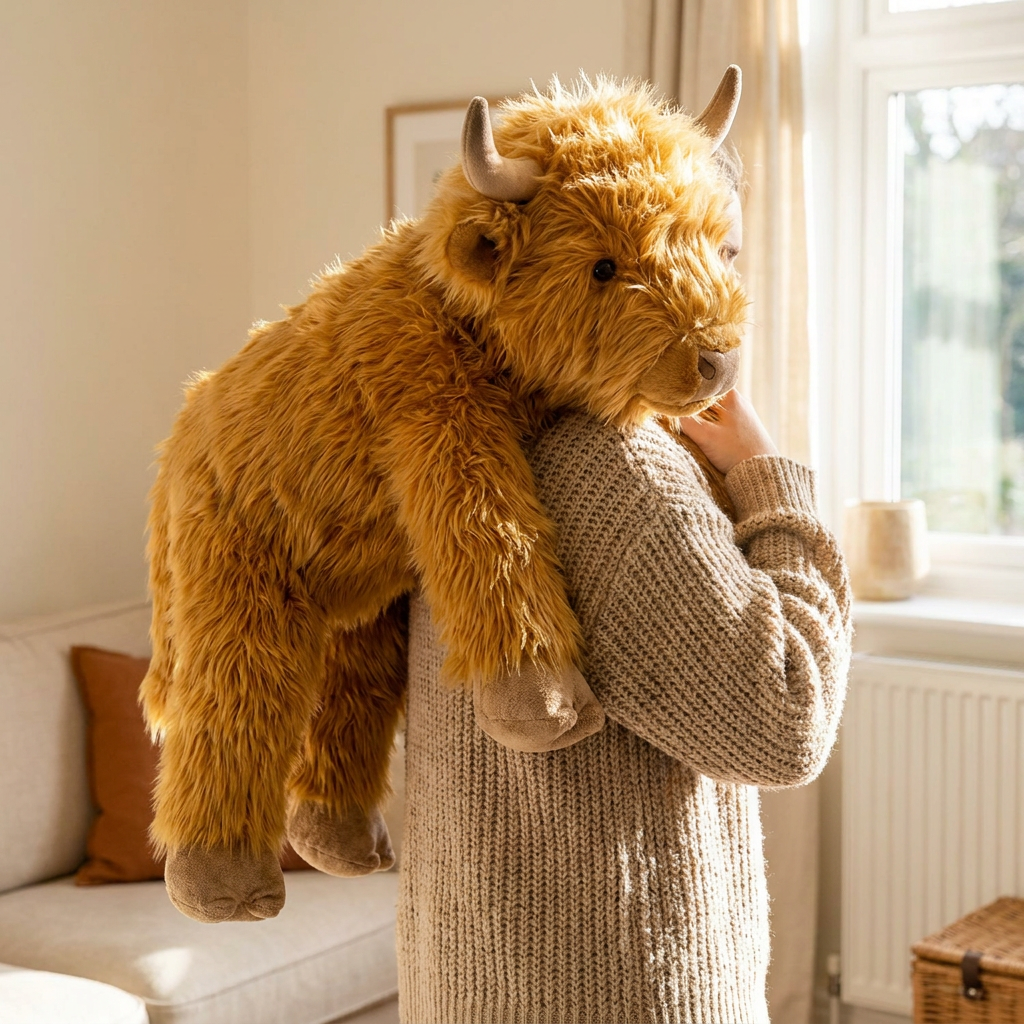 Person hugging Giant Highland Cow Plush — MOKOO giant plush