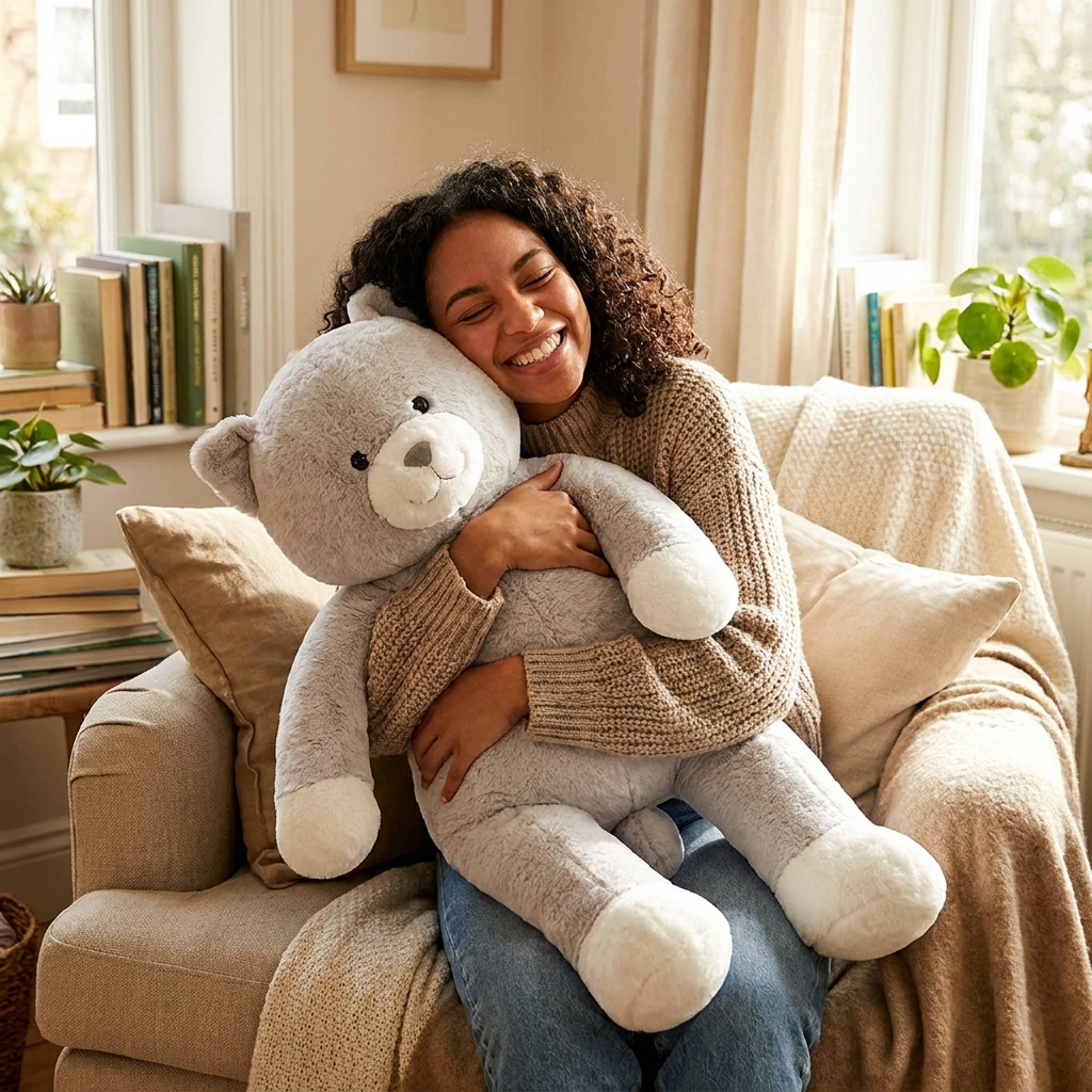 Giant Gray Cat Plush — lifestyle photo by MOKOO