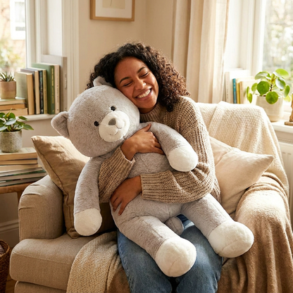 Giant Gray Cat Plush — lifestyle photo by MOKOO