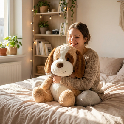 Person hugging Giant Dog Plush — MOKOO giant plush