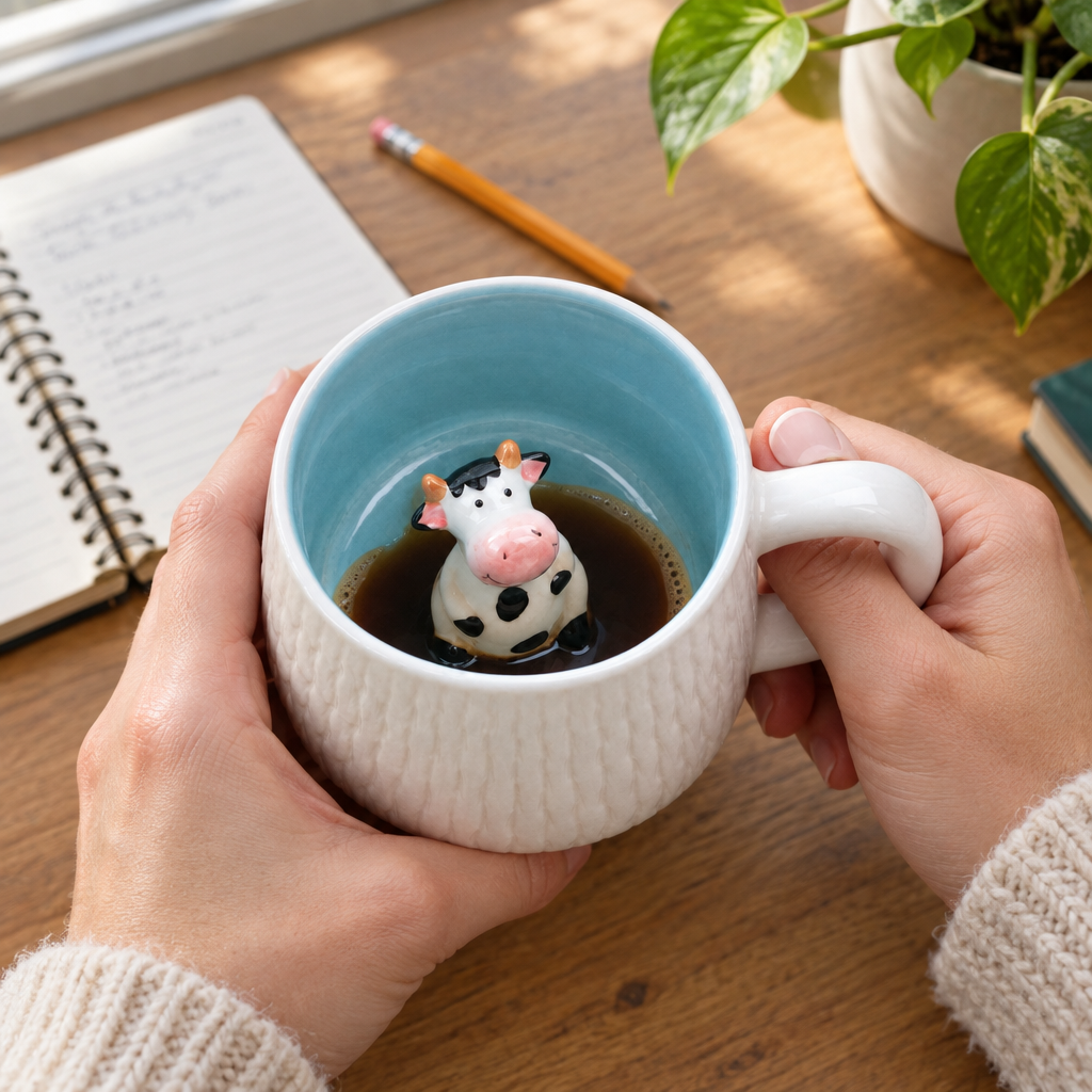 Adult hands holding a mug with a tiny cow peeking out of the last sip of coffee