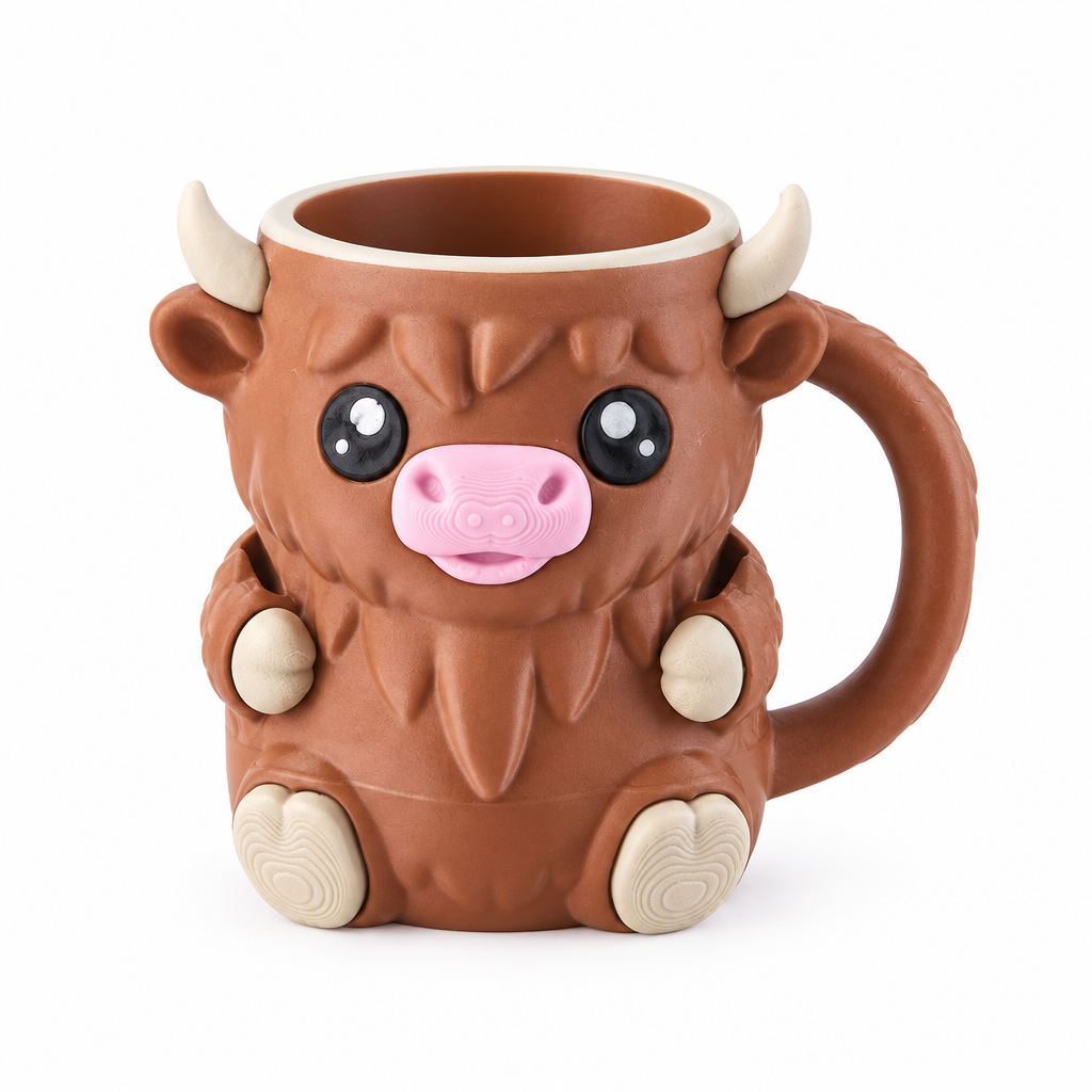 Brown highland cow ice cream mug with a side handle on a white background