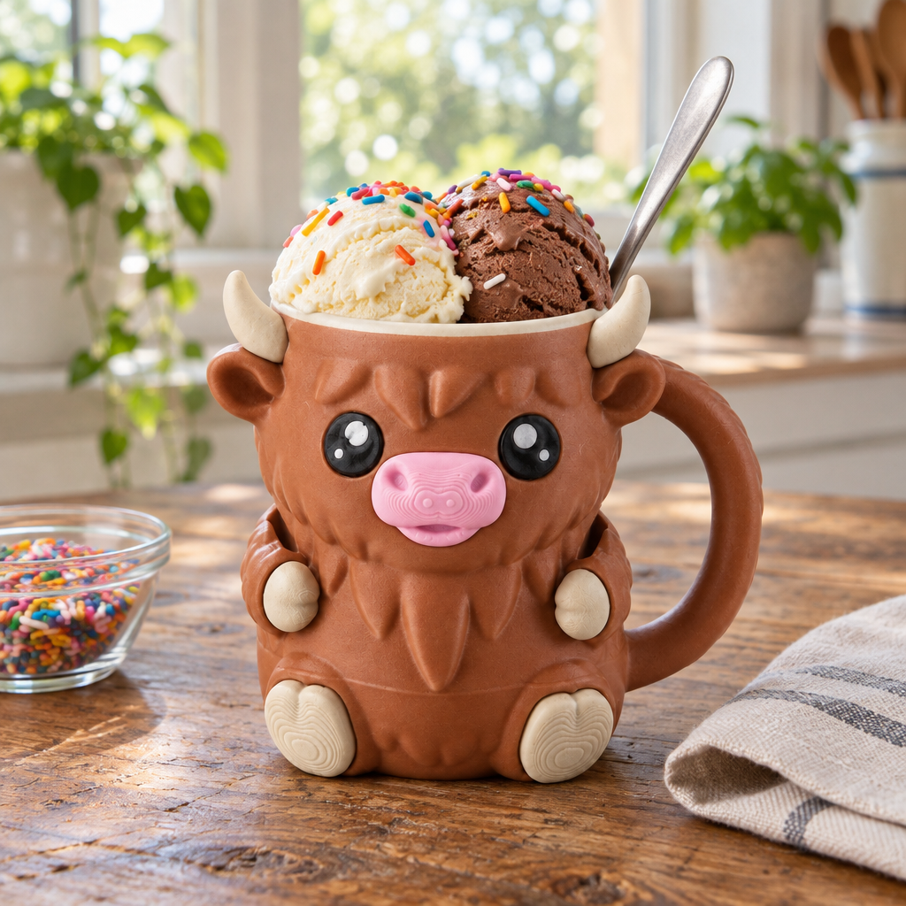 Brown highland cow mug filled with ice cream on a wooden kitchen table