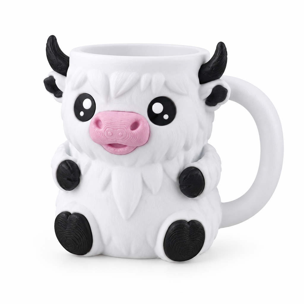 White highland cow ice cream mug with black horns and ears on a white background