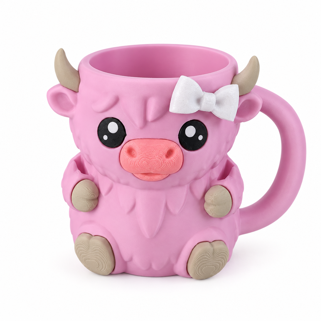Pink highland cow ice cream mug with a small white bow on a white background