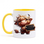 Highland cow mug with yellow handle and inside on a white background