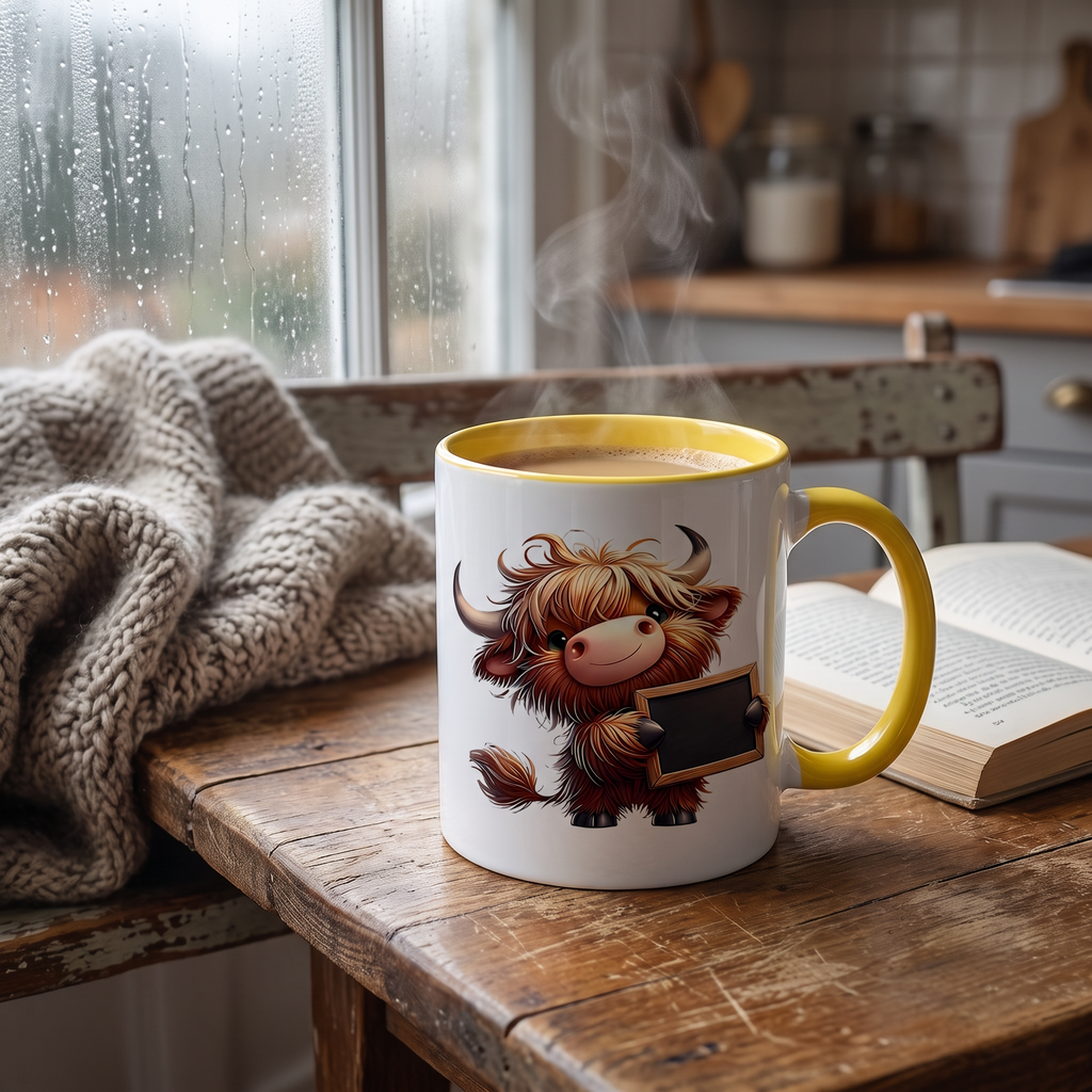Highland cow mug with yellow handle on a wooden table by a window