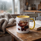 Highland cow mug with yellow handle on a wooden table by a window