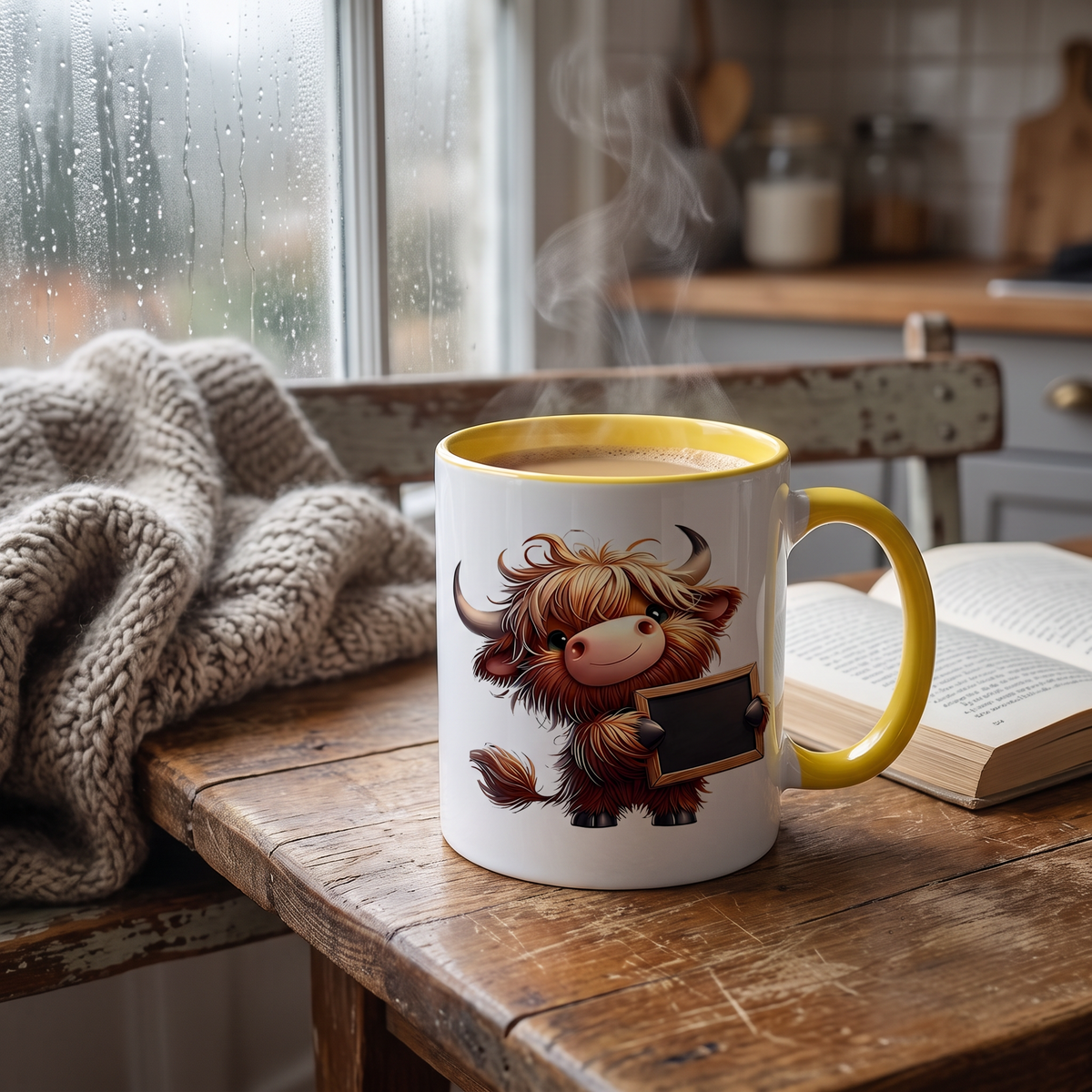 Highland cow mug with yellow handle on a wooden table by a window