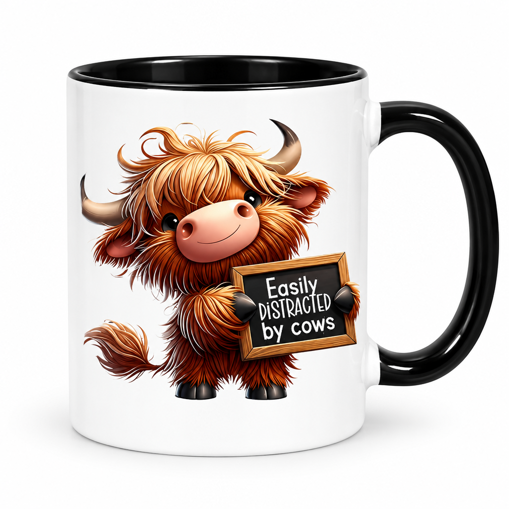 Highland cow mug with black handle and inside on a white background