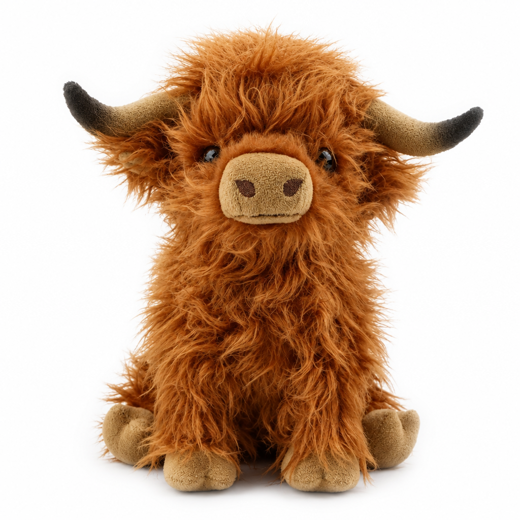 Shaggy ginger-brown highland cow plush with curved horns on a white background