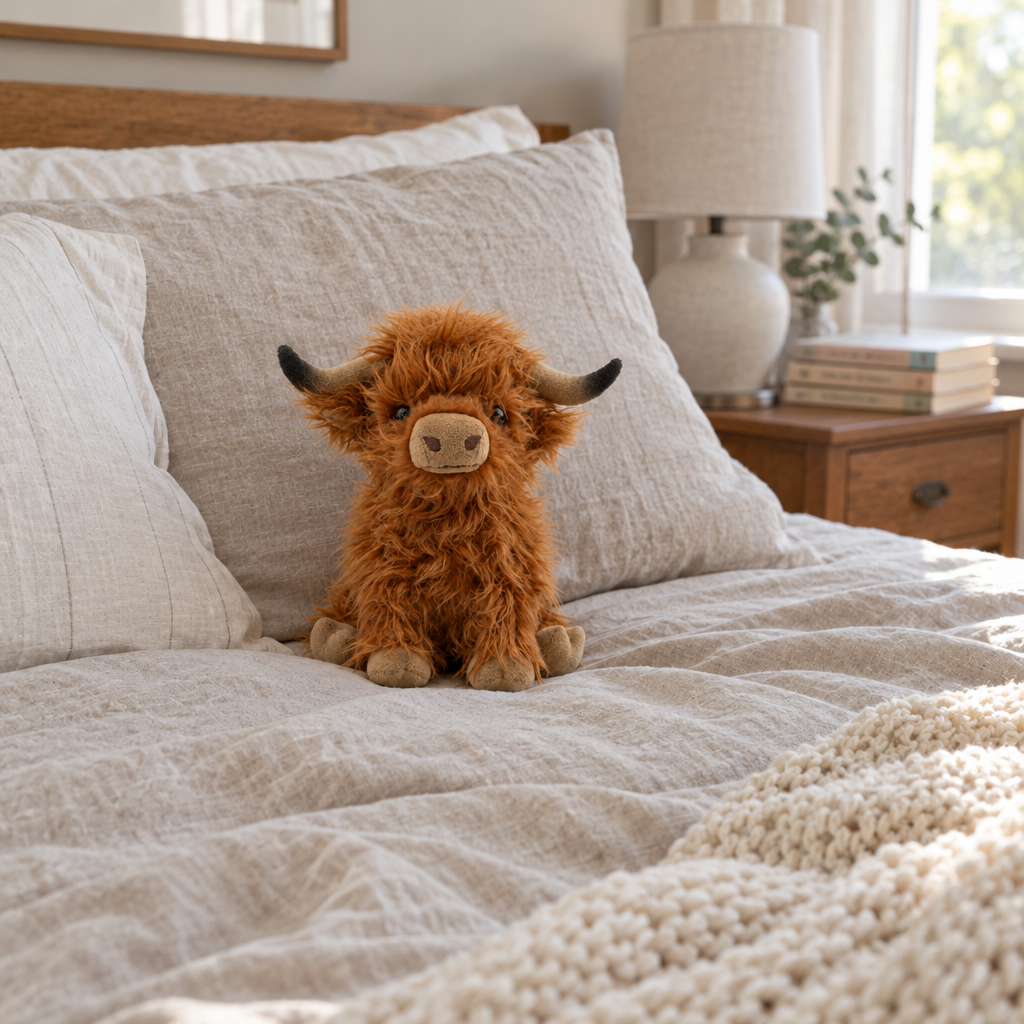 Ginger-brown highland cow plush sitting against the pillows of a made bed