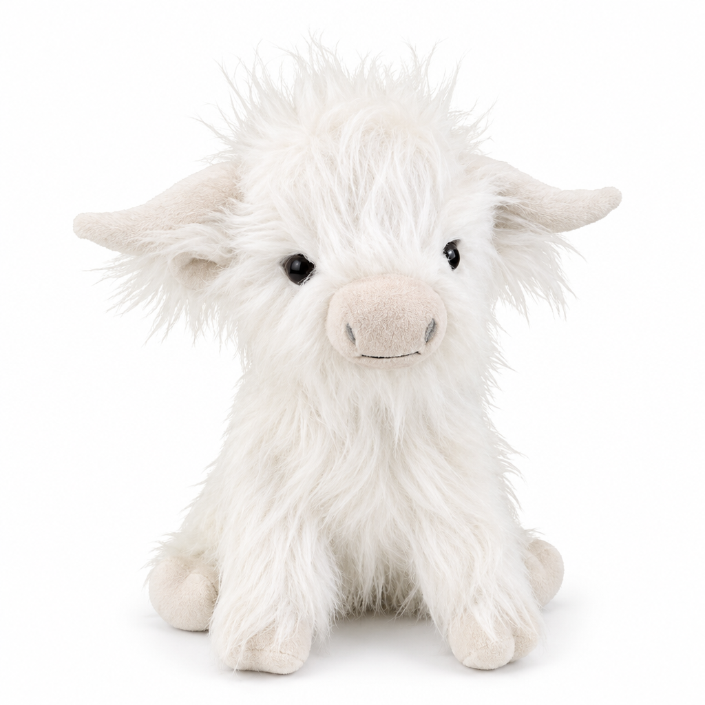 Fluffy white highland cow plush with a pale pink muzzle on a white background