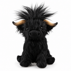Shaggy black highland cow plush with a spiky tuft on a white background