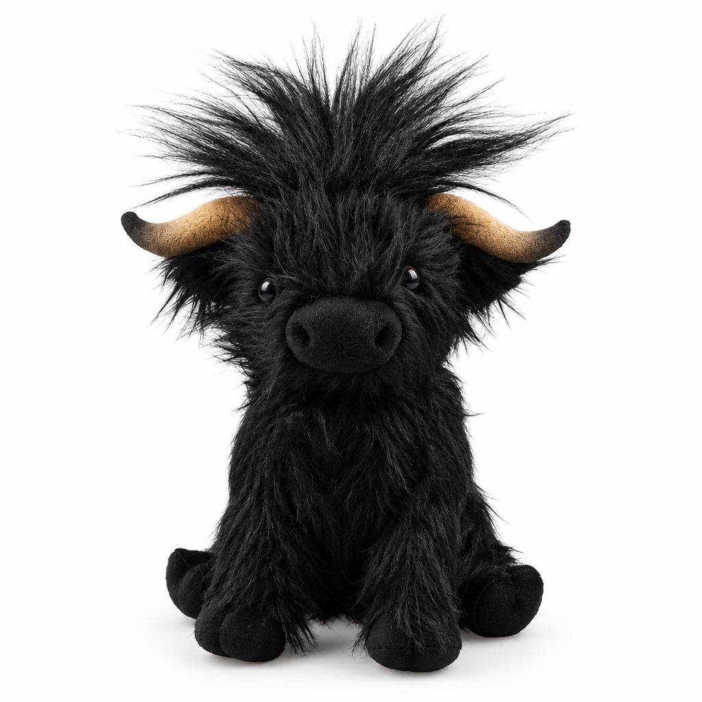 Shaggy black highland cow plush with a spiky tuft on a white background