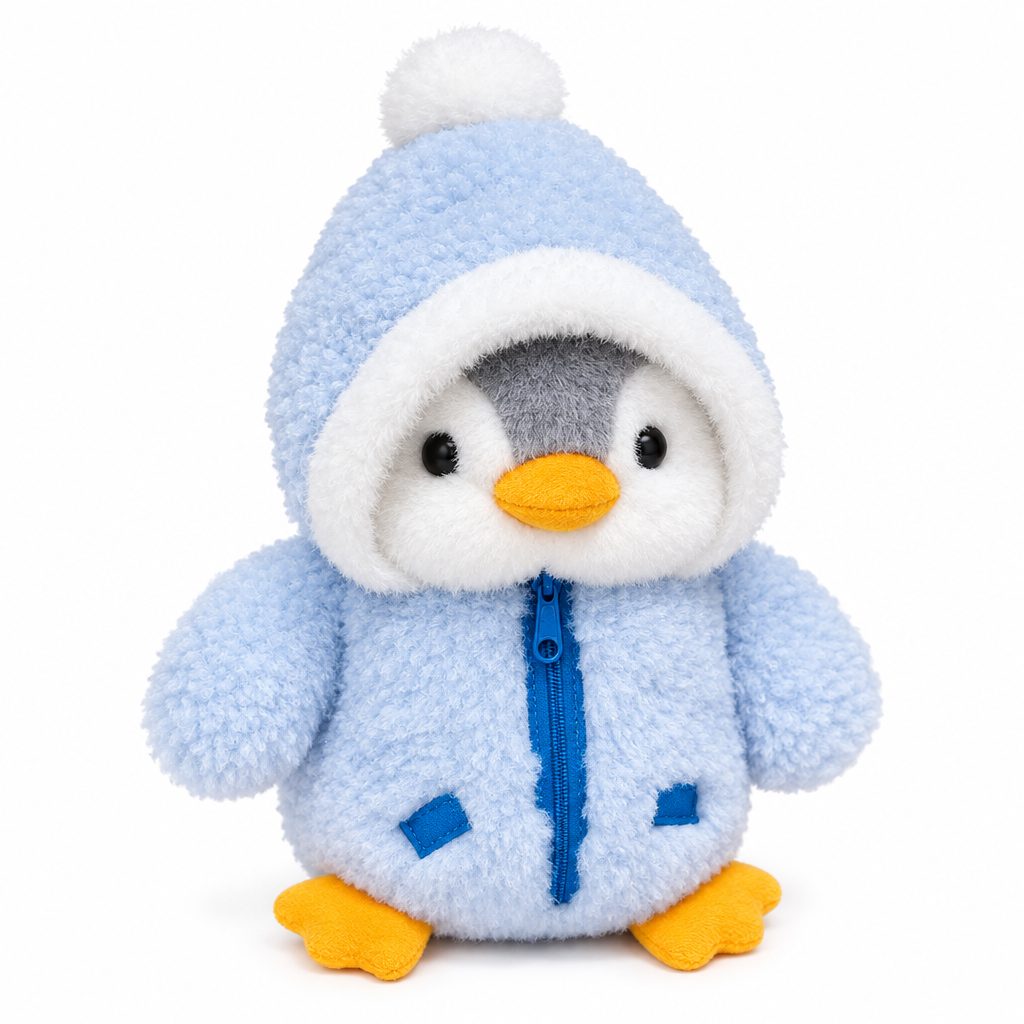 Penguin plush in a sky-blue fuzzy hooded jacket on a white background