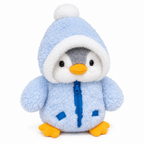 Penguin plush in a sky-blue fuzzy hooded jacket on a white background