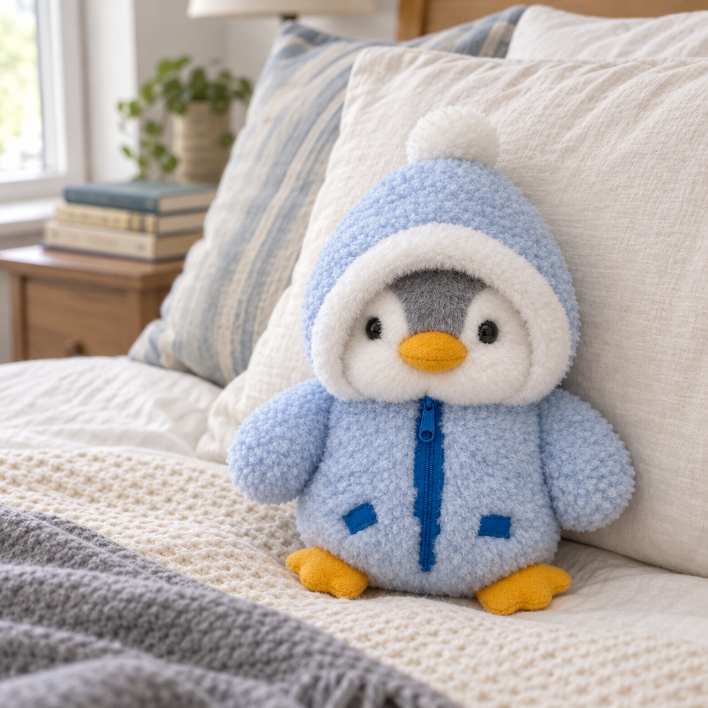 Penguin plush in a blue hooded jacket sitting on a made bed