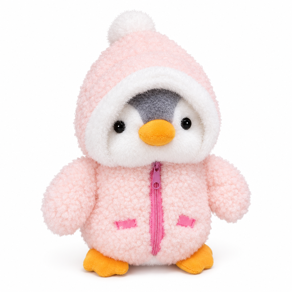 Penguin plush in a pale pink fuzzy hooded jacket on a white background