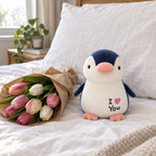 Navy I love you penguin plush on a bed next to a bouquet of tulips