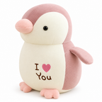 Pink penguin plush with I love you on its belly on a white background