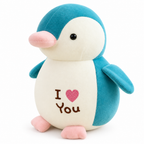Teal penguin plush with I love you on its belly on a white background