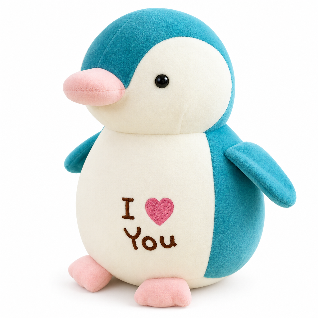 Teal penguin plush with I love you on its belly on a white background