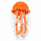 Orange plush jellyfish with long frilly tentacles on a white background