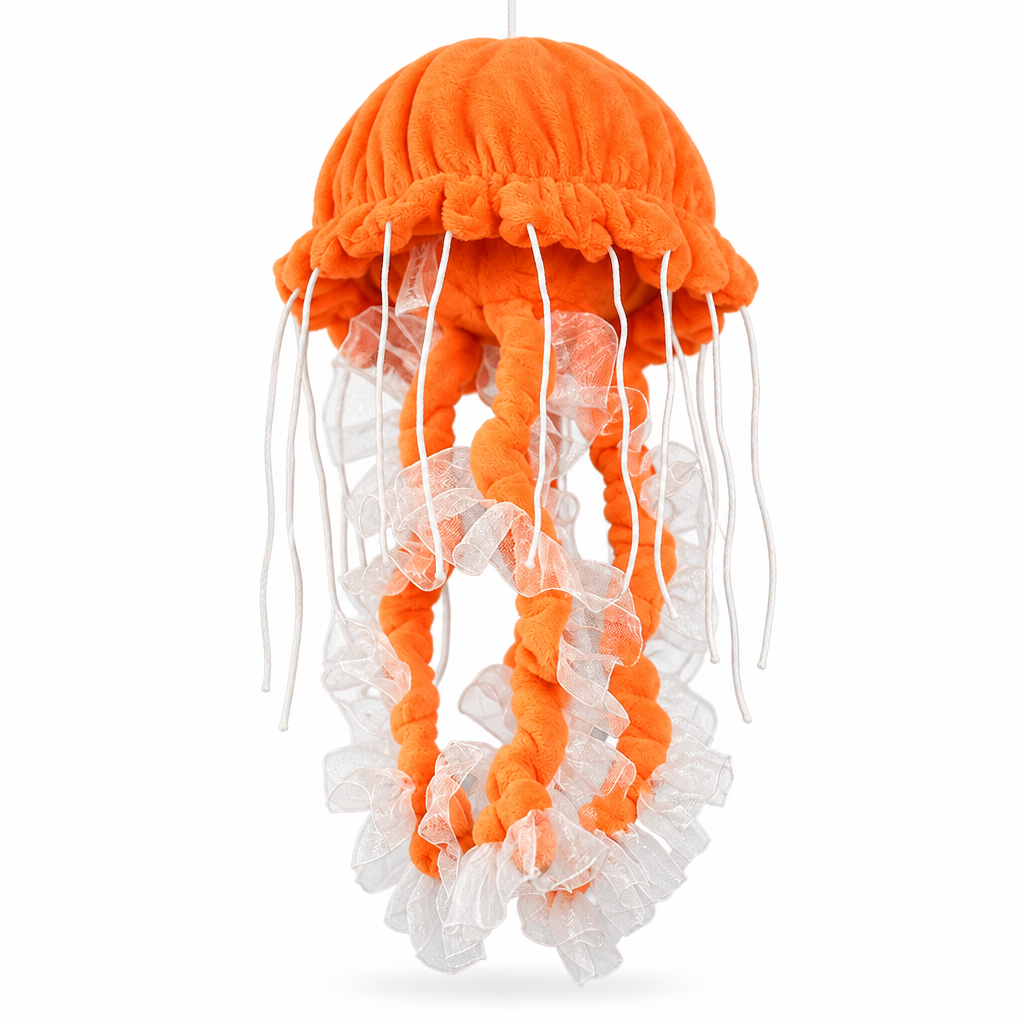 Orange plush jellyfish with long frilly tentacles on a white background