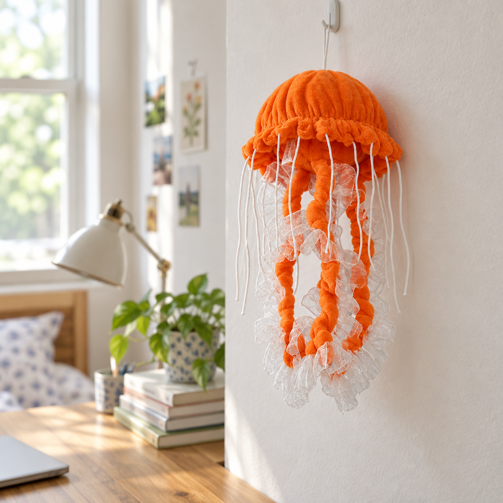 Orange plush jellyfish hanging from a wall hook above a wooden desk