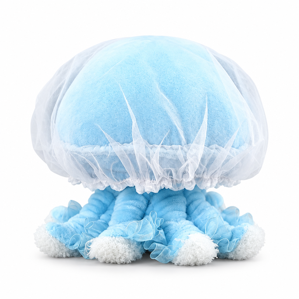Short puffy blue plush jellyfish on a white background