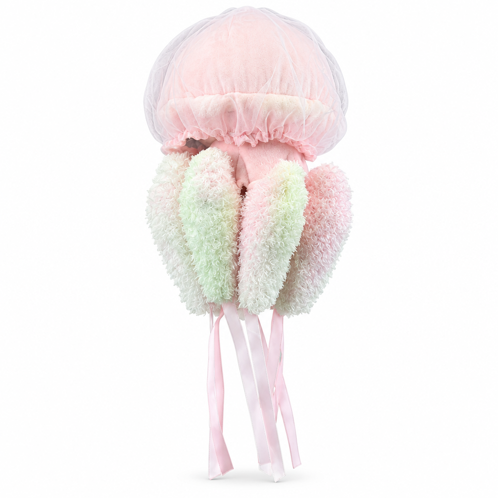 Pale pink plush jellyfish with ruffled pink and mint arms on a white background