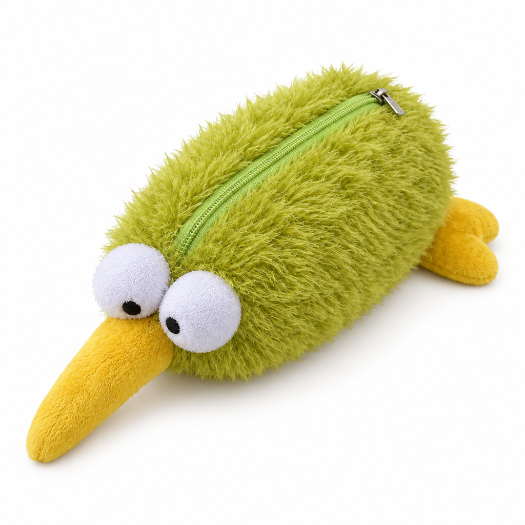 Shaggy green kiwi bird pencil case with big eyes and a long yellow beak on a white background