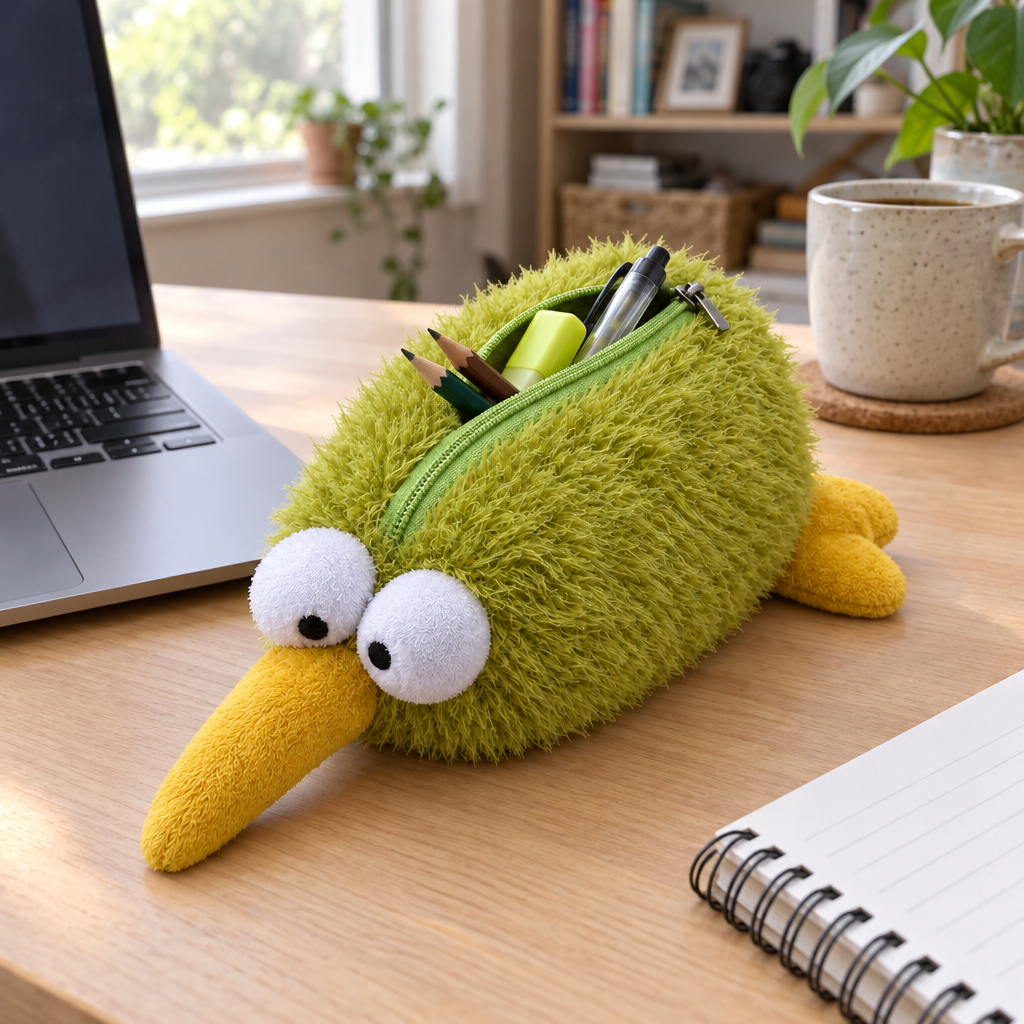 Green kiwi bird pencil case with pens peeking out on a wooden desk