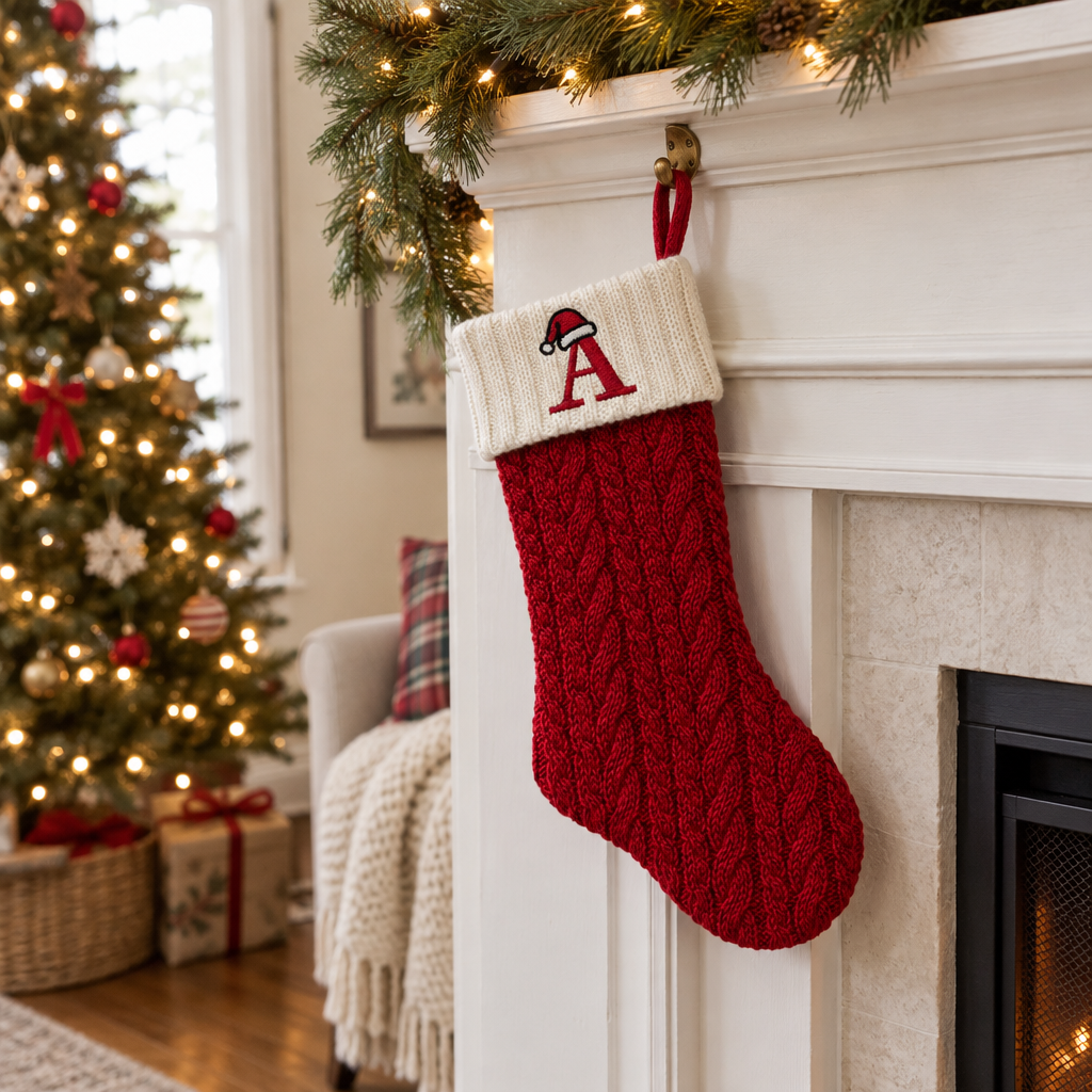 Red knit Christmas stocking with the letter A hanging from a fireplace mantel