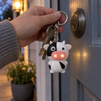 Cow LED keychain glowing on house keys in an adult hand at a front door