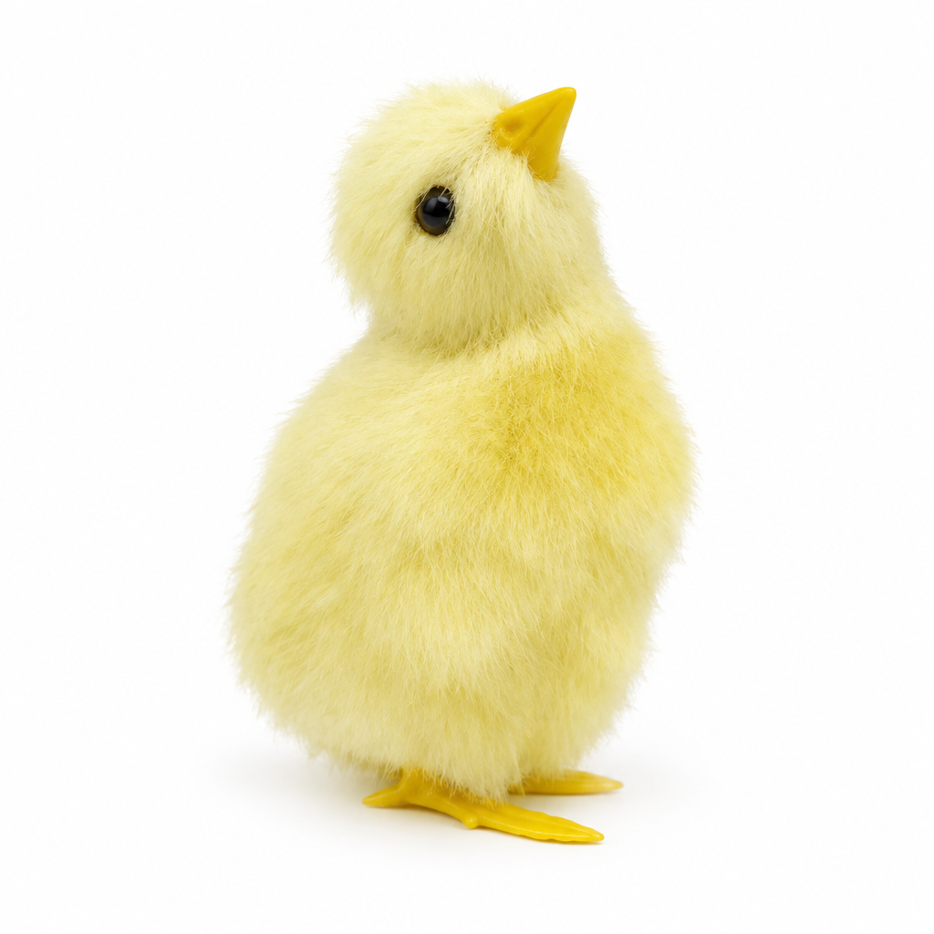 Lifelike fluffy yellow mini chick standing on a white background