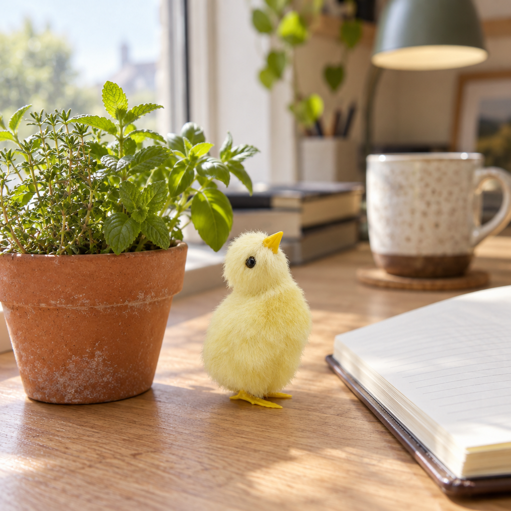 Fluffy yellow mini chick standing on a wooden desk next to a potted plant