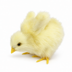 Lifelike fluffy yellow mini chick pecking with wings raised on a white background