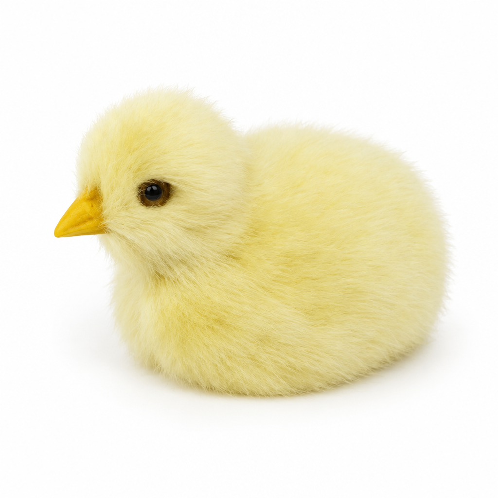 Lifelike fluffy yellow mini chick resting on its belly on a white background