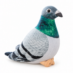 Lifelike gray pigeon plush with a green neck on a white background